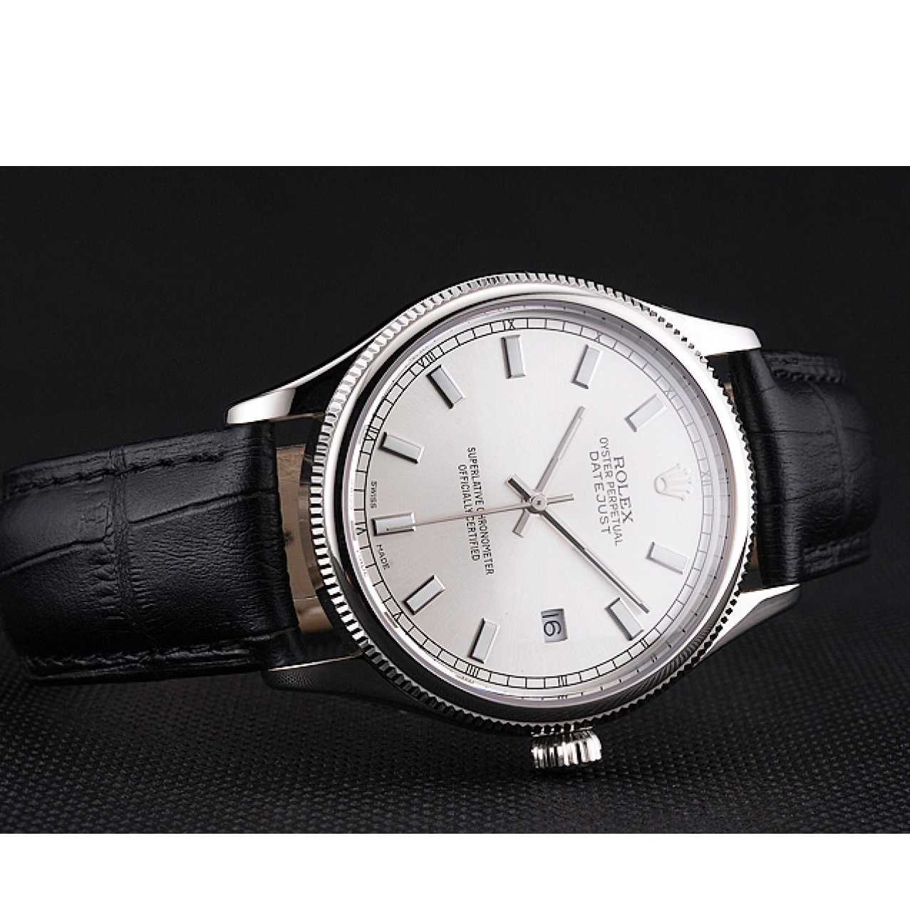 Aaa replica watch Rolex Steel Dial White Strap Stainless Leather Swiss Datejust Black Case 0803